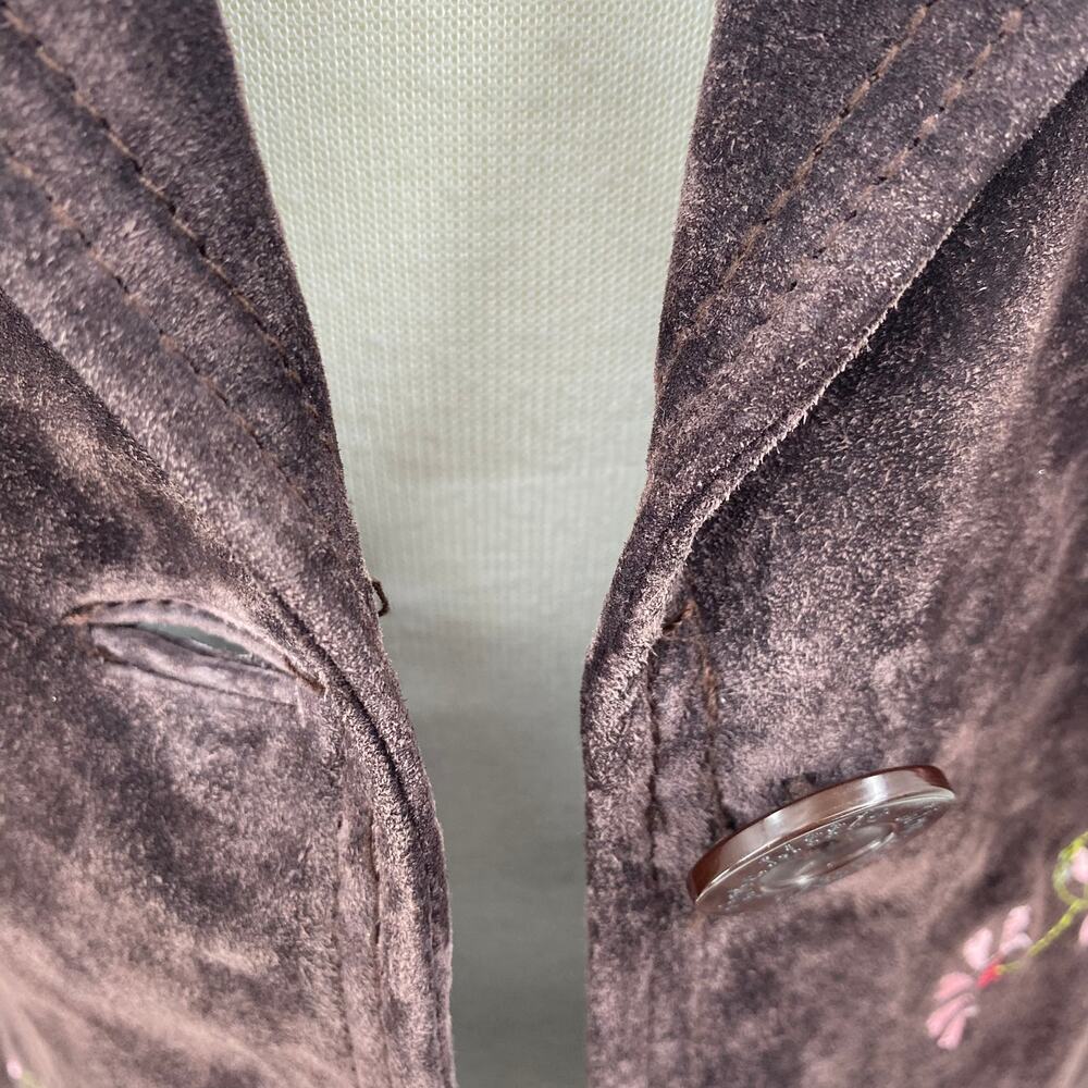 Y2K Suede Leather Jacket Floral Embroidery Front Button Down Brown Womens Medium - Picture 5 of 12